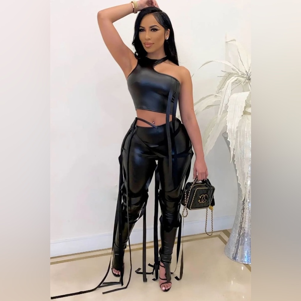 Irhaz- Black Lace-Up Two Piece Pants Set Strappy draped detailing Small